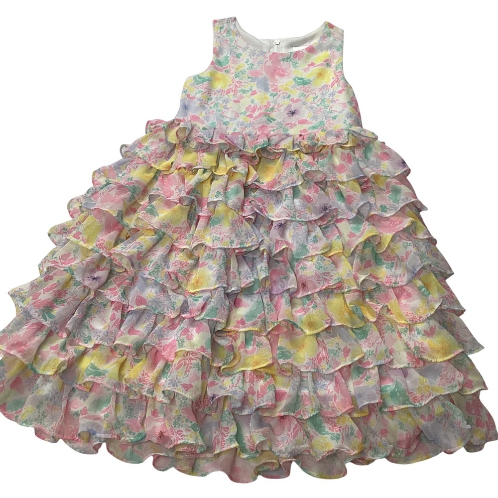 Rare Editions Girls Floral Ruffle Tiered Chiffon Dress Pastel Pink Yellow Size 4